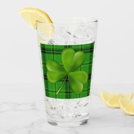 ブライトグリーン3リーフクローバーオンプレイドタータンチェック タンブラーグラス (アイス正面)