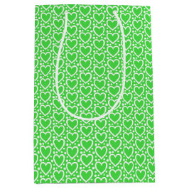 ブライトグリーン&ホワイトバレンタインデーハート ミディアムペーパーバッグ
