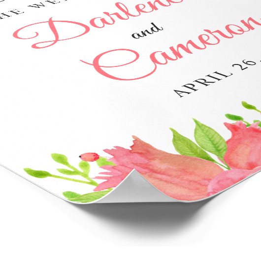 ブライトコーラルピンク植物性庭園の結婚式標識 ポスター (角)