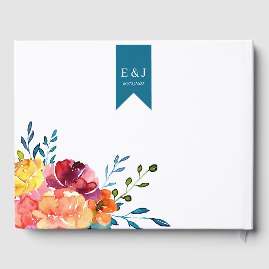 ブライトサマーカラフルターコイズ結婚フローラ ゲストブック (裏面)