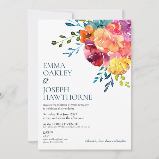 ブライトサマーカラフルターコイズ結婚フローラI 招待状 (正面)