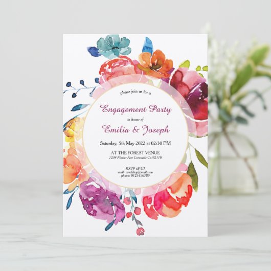 ブライトサマーカラフルパープルフローラ婚約 招待状 (スタンド正面)