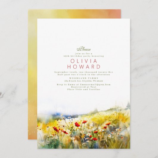 ブライトサマーワイルドフラワーロマンチック誕生日 招待状 (正面/裏面)