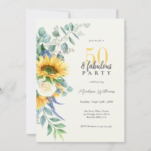 ブライトサンフラワーズフローラ50と素晴らしい誕生日 招待状 (正面)