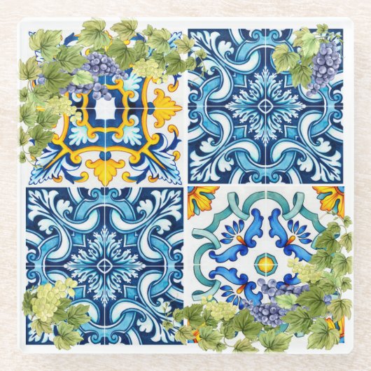 ブライトシ地中海のシリアンタイルグレープつる植物 ガラスコースター (正面)