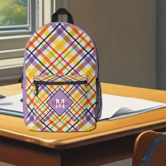 ブライトスクールチェックパープルモノグラム プリントバックパック