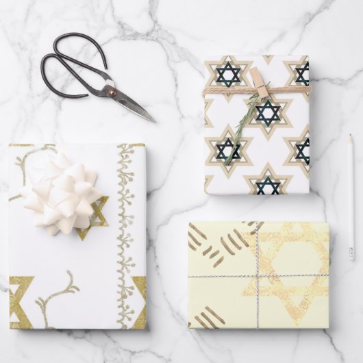 ブライトスターオブデイビッド白黒金ゴールド ラッピングペーパーシート (正面)