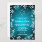 ブライトスノーフレークティール(緑がかった色)ブルーウィンターバルミツワー 招待状 (正面/裏面)