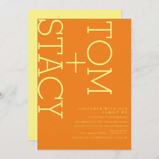 ブライトタイポグラフィはっきりしたエクストラオ結婚レンジズ 招待状 (正面/裏面)