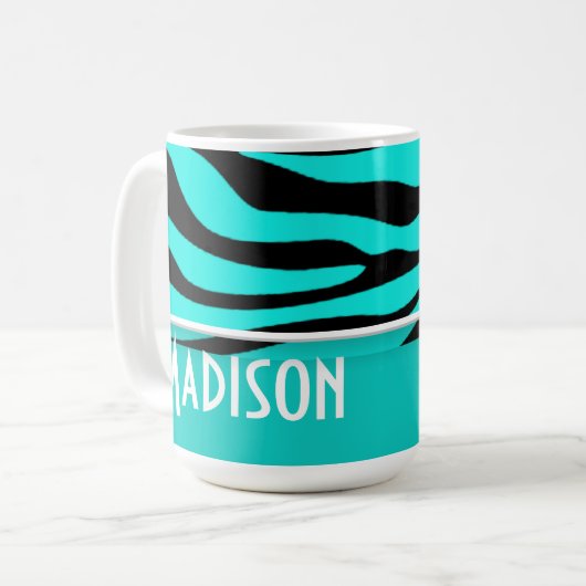 ブライトターコイズゼブラアニマルプリント;パーソナライズされた コーヒーマグカップ (正面左)