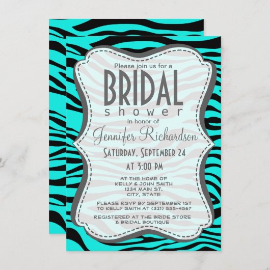 ブライトターコイズゼブラストライプアニマルプリント 招待状 (正面/裏面)