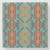 ブライトターコイズティール（緑がかった色）アクアブルーオレンジトライバル ストーンコースター (正面)