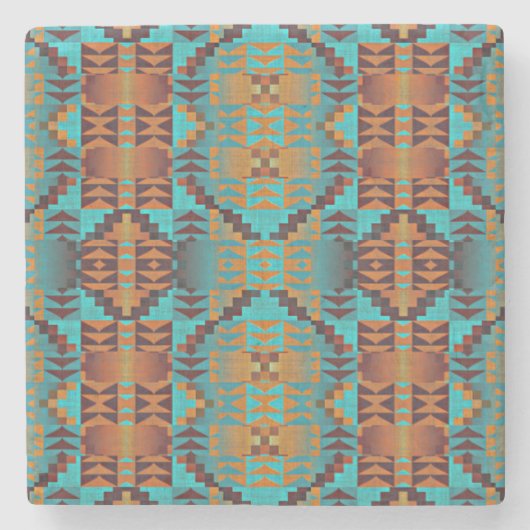 ブライトターコイズティール（緑がかった色）アクアブルーオレンジトライバル ストーンコースター (正面)