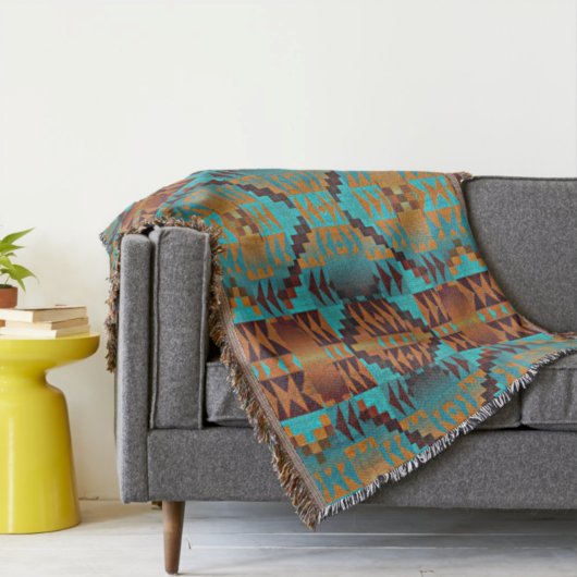 ブライトターコイズティール(緑がかった色)アクアブルーオレンジトライバル スローブランケット
