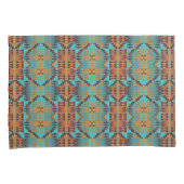 ブライトターコイズティール（緑がかった色）アクアブルーオレンジトライバル 枕カバー (正面右)