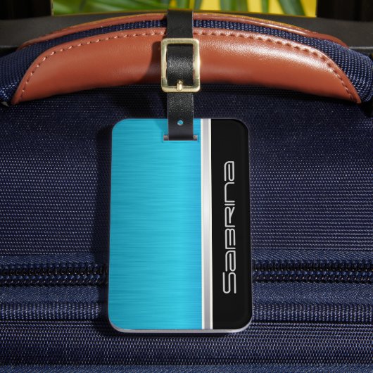 ブライトターコイズブルーブラシ鋼及びシルバープリント ラゲッジタグ (正面インサイチュ2)