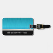 ブライトターコイズブルーブラシ鋼及びシルバープリント ラゲッジタグ (正面横)