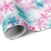 ブライトティール（緑がかった色）とピンクスノーフレークホリデー ラッピングペーパー (ロールコーナー)