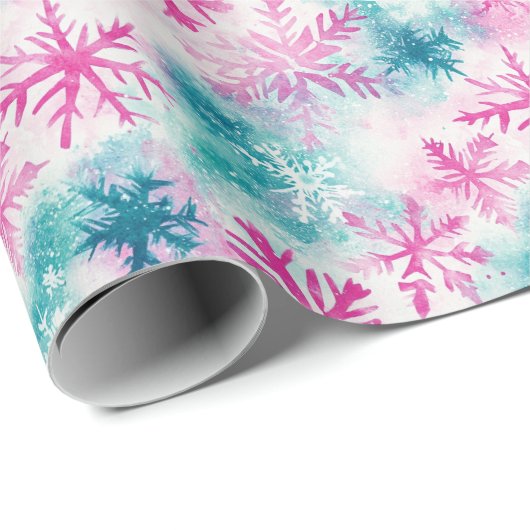 ブライトティール(緑がかった色)とピンクスノーフレークホリデー ラッピングペーパー (ロールコーナー)