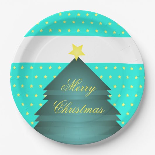 ブライトティール（緑がかった色）ビーチクリスマステーマ ペーパープレート (正面)