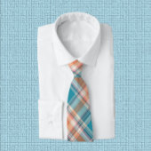 ブライトティール(緑がかった色)ピーチ&ホワイトプレイド ネクタイ