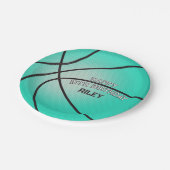 ブライトティール（緑がかった色）ブルーバスケットボールハッピーバースデー名 ペーパープレート (アングル)