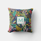 ブライトティール(緑がかった色)モノグラム葉モダンズラインアート クッション (正面)