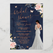 ブライトネイビーバラ金ゴールドフローラブライダルシャワー 箔招待状 (正面)