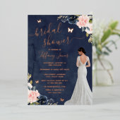 ブライトネイビーバラ金ゴールドフローラブライダルシャワー 箔招待状 (立ち正面)