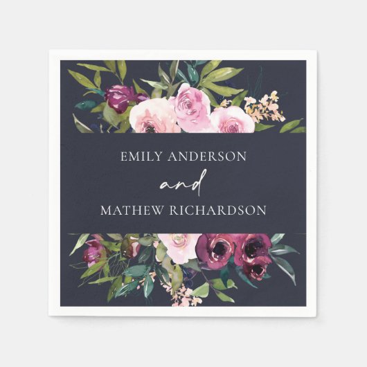 ブライトネイビー赤面ブルゴーニュフローラバンチ結婚ーズ スタンダードカクテルナプキン (正面)