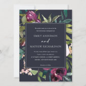 ブライトネイビー赤面ブルゴーニュフローラバンチ結婚ーズ 招待状 (正面)