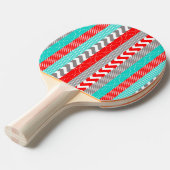 ブライトネオンレッドとティール（緑がかった色）ジオストライプ 卓球ラケット (正面アングル)