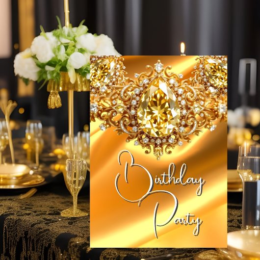 ブライトバースデーパーティーシルクイエロージュエル金ゴールド 招待状
