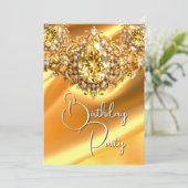 ブライトバースデーパーティーシルクイエロージュエル金ゴールド 招待状 (スタンド正面)