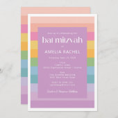 ブライトパステルストライプレインボーパープルバルミツワー 招待状 (正面/裏面)