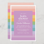 ブライトパステルストライプレインボーパープルベビーシャワー 招待状 (正面/裏面)