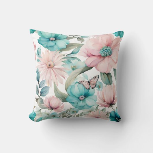 ブライトパステルピンクブルーフラワーズ花模様ズバイアヴァ クッション (正面)