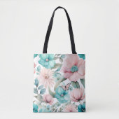 ブライトパステルピンクブルーフラワーズ花模様ズバイアヴァ トートバッグ (正面)