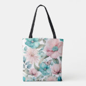 ブライトパステルピンクブルーフラワーズ花模様ズバイアヴァ トートバッグ (裏面)