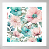 ブライトパステルピンクブルーフラワーズ花模様ズバイアヴァ ポスター (正面)