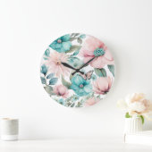 ブライトパステルピンクブルーフラワーズ花模様ズバイアヴァ ラージ壁時計 (ホーム)