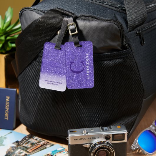 ブライトパーソナライズされたパープルグリッターモノグラム ラゲッジタグ (正面&裏面)