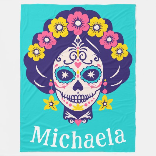 ブライトパーソナライズされたフローラシュガースカルガール フリースブランケット (正面)