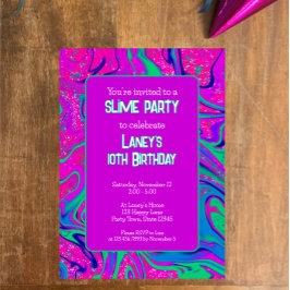 ブライトパープルピンクグリッター誕生日スライムパーティー 招待状