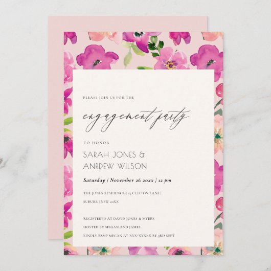ブライトピンクおもしろい水彩フローラ婚約 招待状 (正面/裏面)