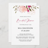 ブライトピンクウォーターカラーフローラガーデンブライダルシャワー 招待状 (正面/裏面)