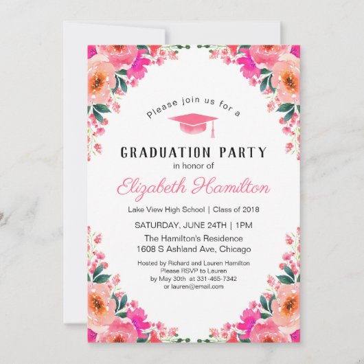 ブライトピンクウォーターフローラ卒業パーティー 招待状 (正面)