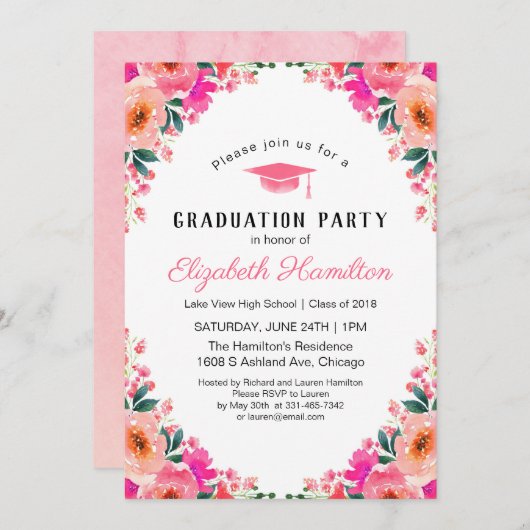 ブライトピンクウォーターフローラ卒業パーティー 招待状 (正面/裏面)