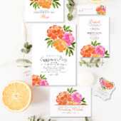 ブライトピンクオレンジコーラルフローラサマー結婚ズ 招待状