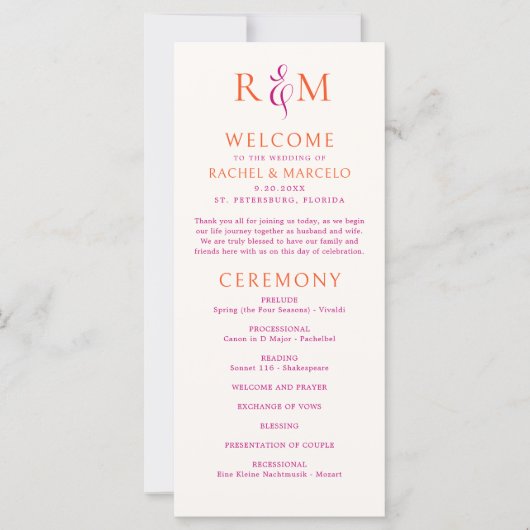 ブライトピンクオレンジシンプルモノグラム結婚式 プログラム (正面)